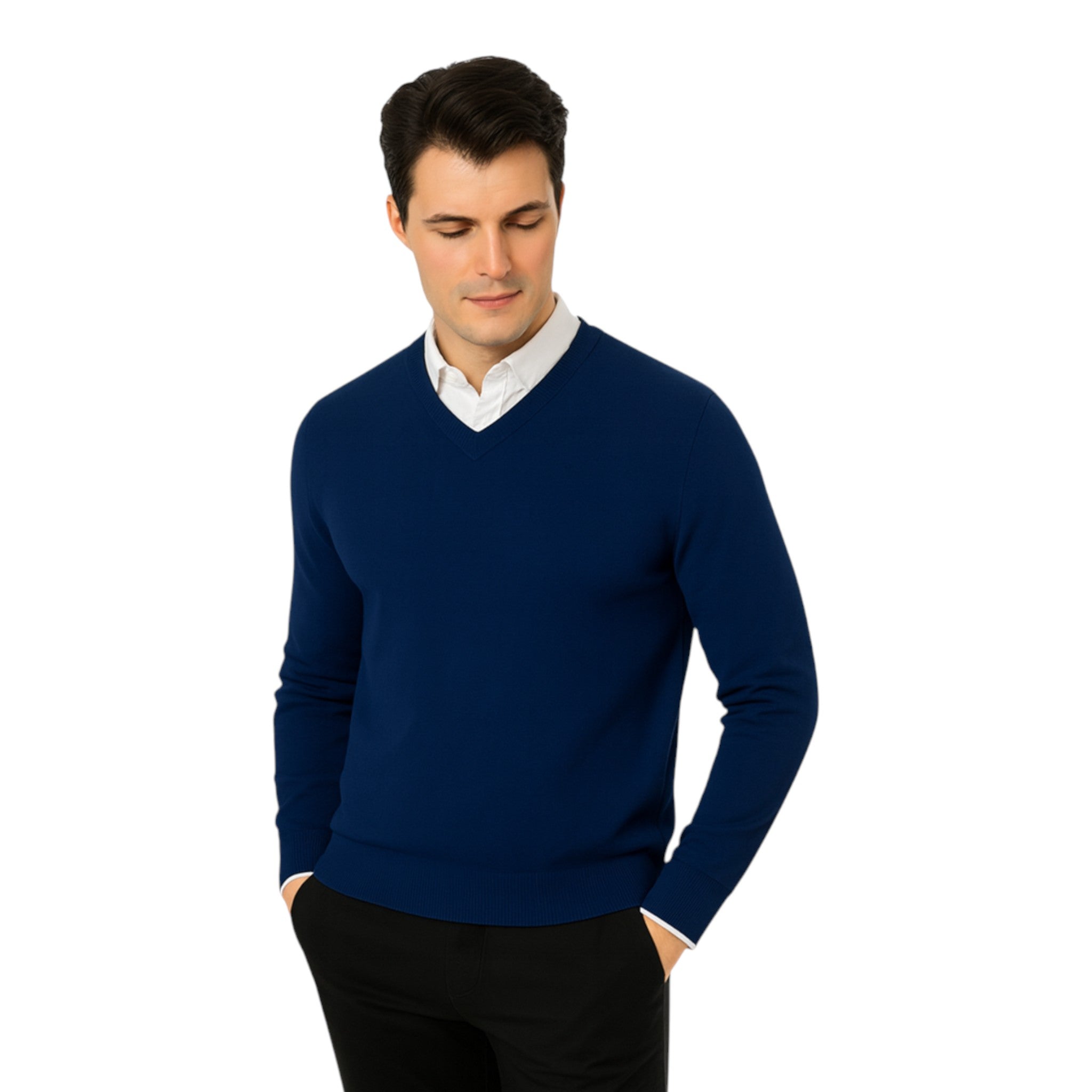 Men’s classic navy v-neck jumper – soft knit pullover sweater with long sleeves